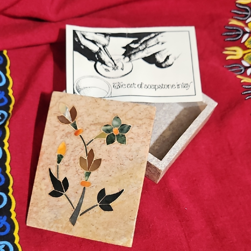Soapstone With Semi-Precious Stone Inlay Trinket Jewelry Box with Floral Design